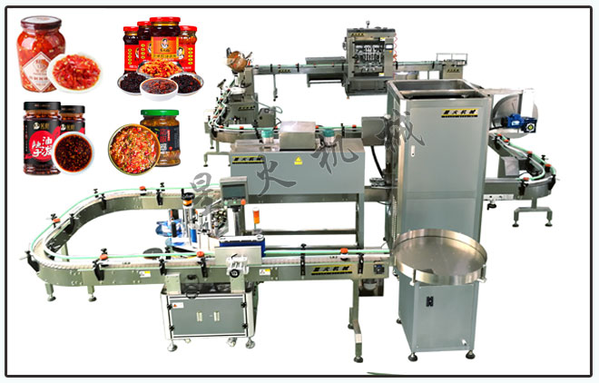 星火辣椒醬灌裝機(jī)械設(shè)備辣椒醬旋蓋套標(biāo)收膜生產(chǎn)線灌裝樣品展示